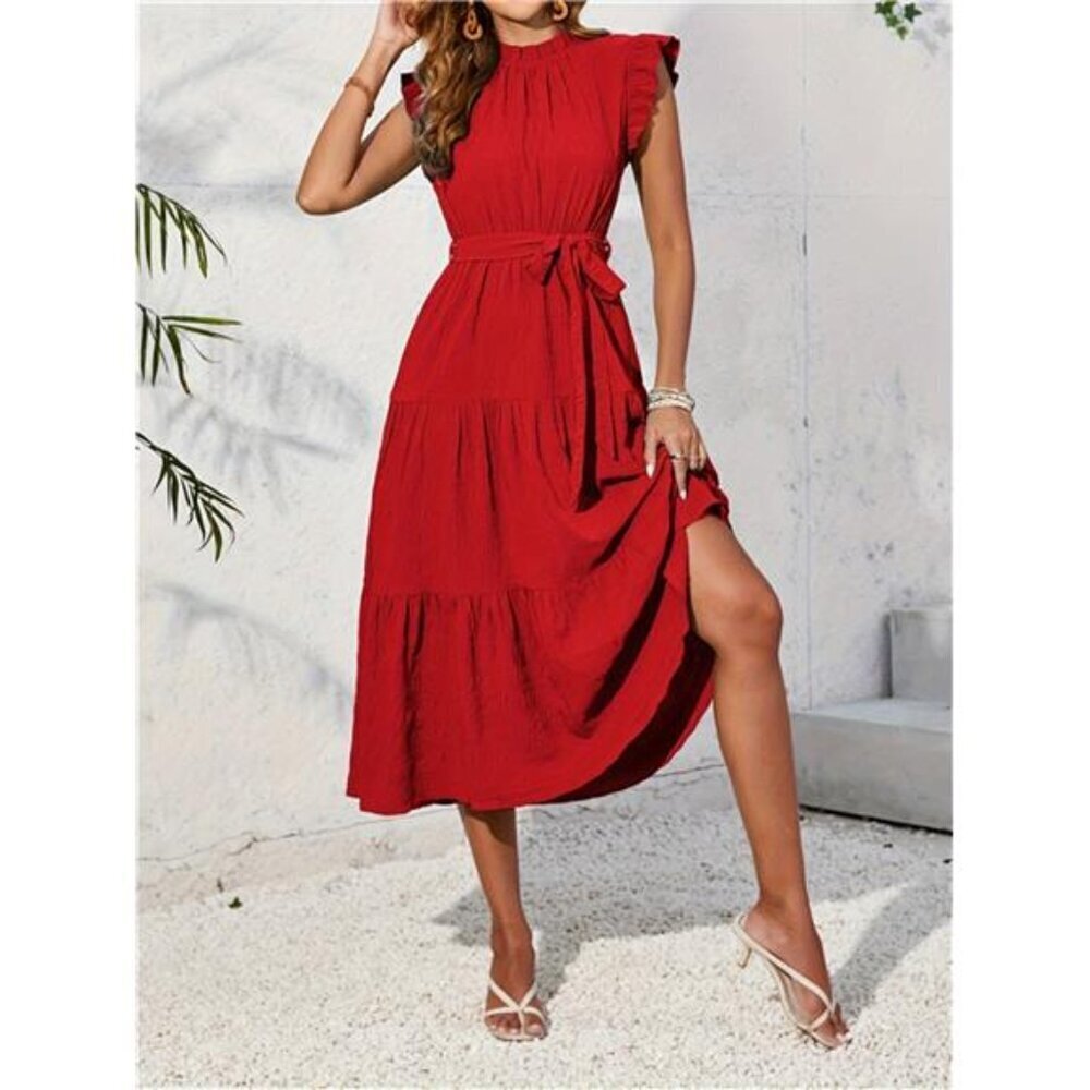 Frill Mock Neck Ruffled Cap Sleeve Midi Dress - Picture 9 of 15
